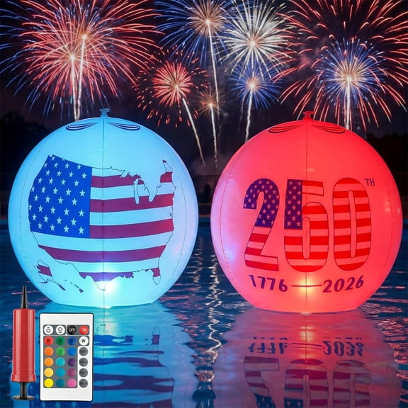 2 Pack Patriotic Solar LED Floating Pool Lights Inflatable 16 Color Changing Glow Balls with Remote IP68 Waterproof Solar Pool & Garden Lights for July 4th USA 250th Anniversary Decor