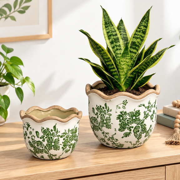 2 Pack Pattern Green Leaves Ceramic Planters with Drainhole, 5.5 + 6.6 Inch Crackle Glaze Pots
