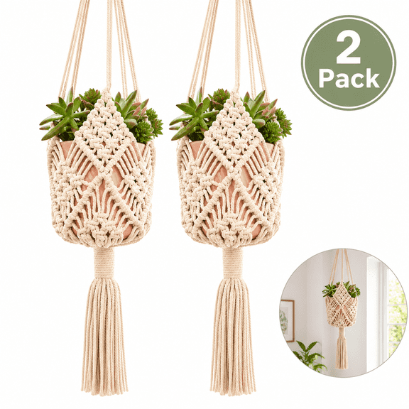 2 Pack Patterned Macrame Plant Hangers, Boho Crochet Hanging Planter Holder , Fits up to 8 Inch Pots for Indoor Outdoor Home Decor, White