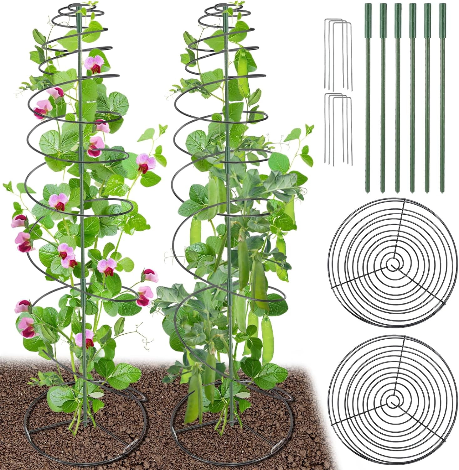 2-Pack Pea & Green Bean Trellis for Garden, 53.6" Stretchable Sugar Snap Tower, Rust-Proof Metal Climbing Plant Support Cage for Cucumber & Vines