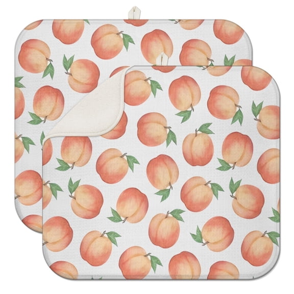 2 Pack Peach Print Kitchen Drying Mats Super Absorbent Microfiber Dish Drying Mat, Heat Resistant & Foldable Countertop Pad for Dishes Kawaii Fruit Aesthetic Design (Pink, 18"x16")