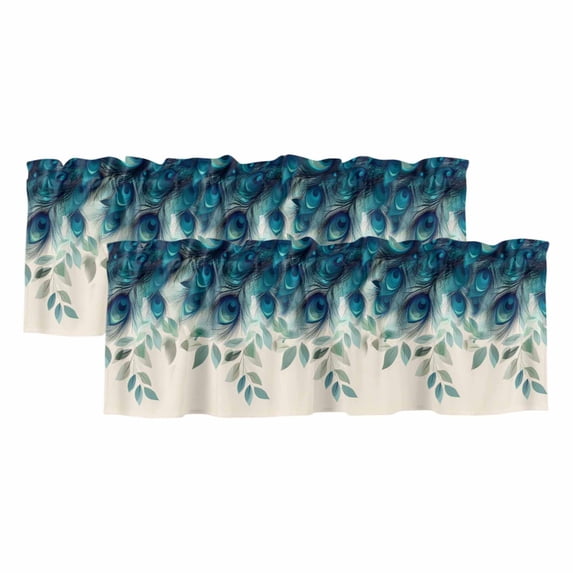 2 Pack Peacock Feather Valance for Window Teal Blue Green Leaf Abstract Kitchen Valance Rod Pocket Short Curtain Topper Decorative Window Treatment for Living Room Bedroom 42"x18"