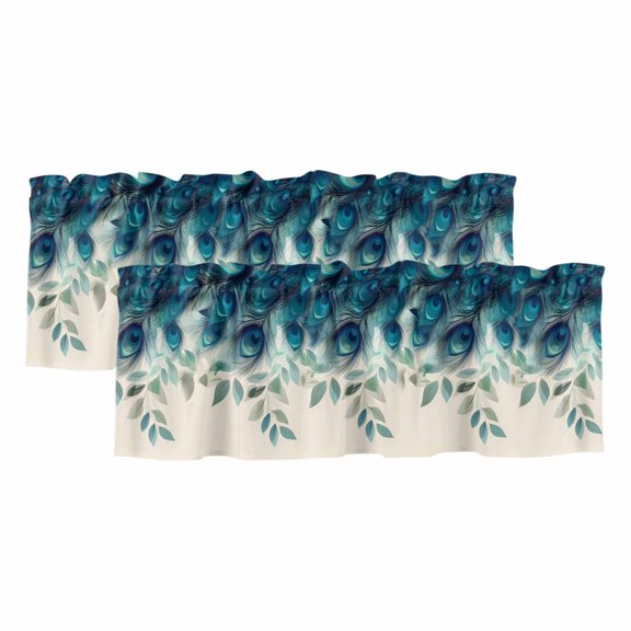 2 Pack Peacock Feather Valance for Window Teal Blue Green Leaf Abstract Kitchen Valance Rod Pocket Short Curtain Topper Decorative Window Treatment for Living Room Bedroom 42"x12"