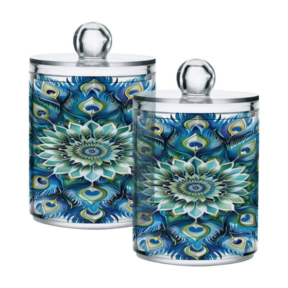 2 Pack Peacock Feathers Mandala Qtip Holder Dispenser Clear Plastic Storage Apothecary Jars for Cotton Swabs Balls Pads Floss