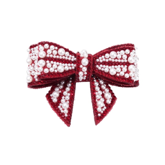 2 Pack Pearl Beads Christmas Bows Decorations, 2.9X3.7 inch Christmas Tree Bows, Wreath Bow for Xmas Home Party Front Door Decor