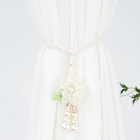 2 Pack Pearl Stacked Flower Curtain Tie Backs - Adjustable Gauze Curtain Straps for Home Decoration with Faux Pearl Accents