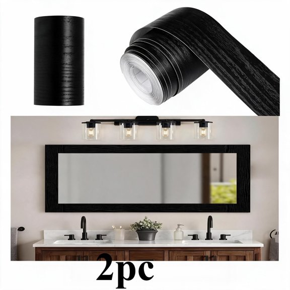 2Pack Peel and Stick Black Wood Grain Wallpaper Border, 3.93 Inch x 32.8 Ft Removable Waterproof Mirror Frame Sticker Trim for Bathroom Home Wall Decor