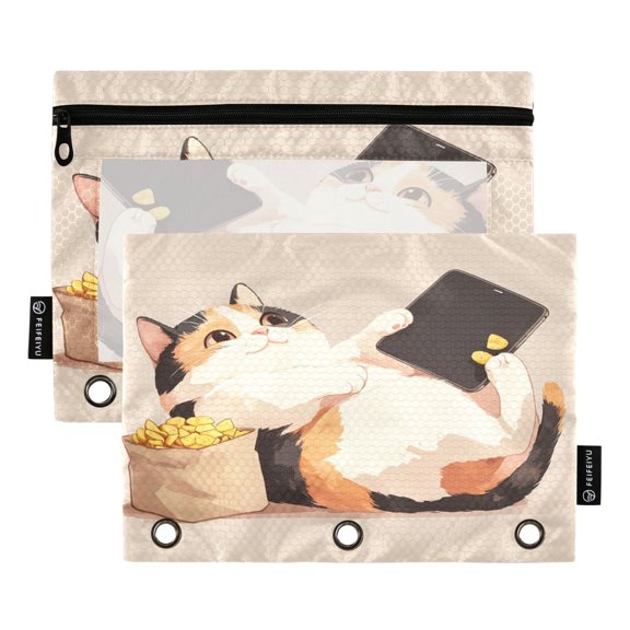 2 Pack Pencil Bag 9.84x6.1 Inch 3-Ring Page Turning Folder Zipper Pencil Case Pencil Bag Page Turning File Bag A Cat Eating Chips