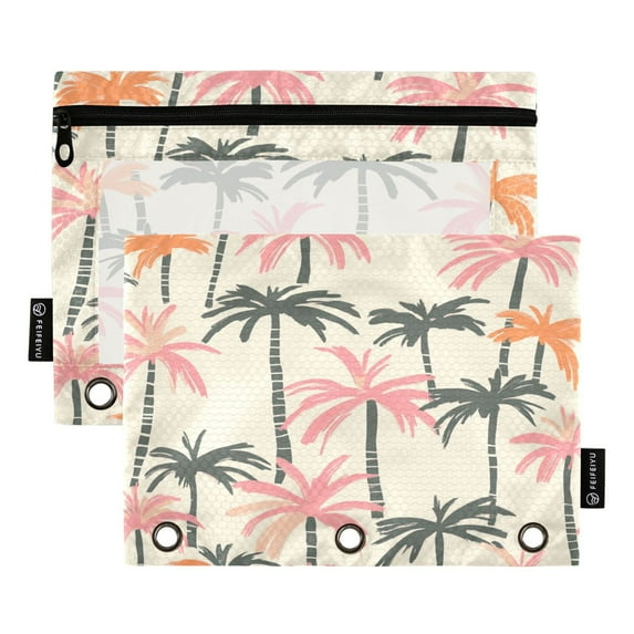 2 Pack Pencil Bag 9.84x6.1 Inch 3-Ring Page Turning Folder Zipper Pencil Case Pencil Bag Page Turning File Bag Beautiful Pink Coconut Tree