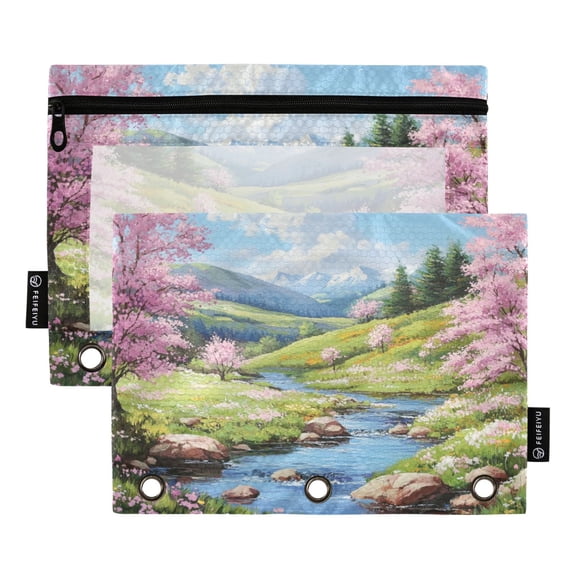 2 Pack Pencil Bag 9.84x6.1 Inch 3-Ring Page Turning Folder Zipper Pencil Case Pencil Bag Page Turning File Bag Beautiful River