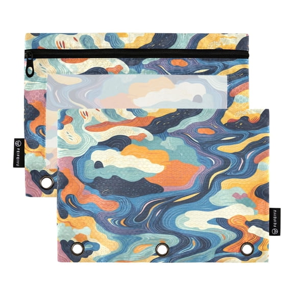 2 Pack Pencil Bag 9.84x6.1 Inch 3-Ring Page Turning Folder Zipper Pencil Case Pencil Bag Page Turning File Bag Color River Seamless Pattern
