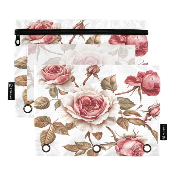 2 Pack Pencil Bag 9.84x6.1 Inch 3-Ring Page Turning Folder Zipper Pencil Case Pencil Bag Page Turning File Bag Five Pink Roses