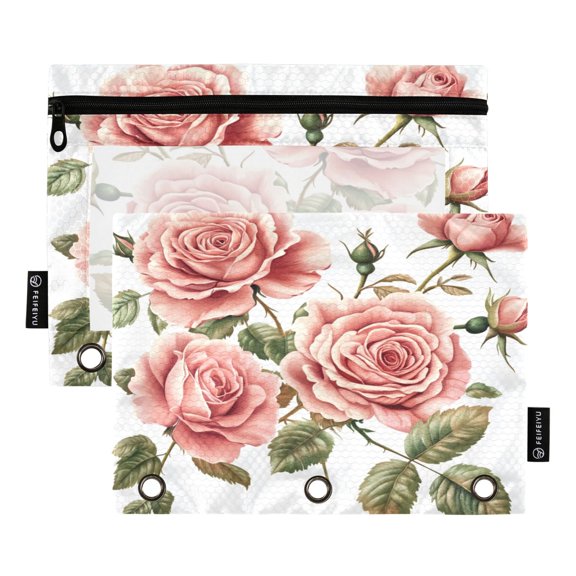 2 Pack Pencil Bag 9.84x6.1 Inch 3-Ring Page Turning Folder Zipper Pencil Case Pencil Bag Page Turning File Bag Five Roses