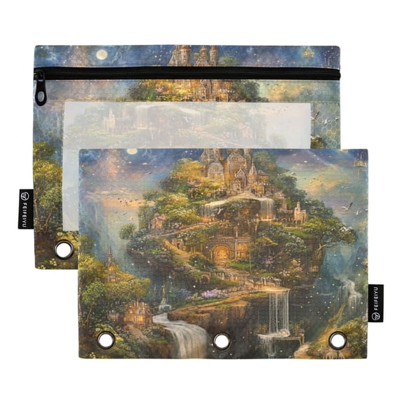 2 Pack Pencil Bag 9.84x6.1 Inch 3-Ring Page Turning Folder Zipper Pencil Case Pencil Bag Page Turning File Bag Magic Castle