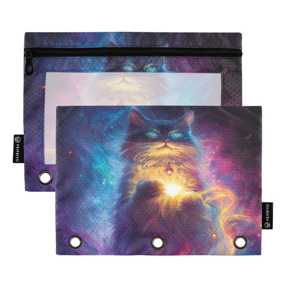 2 Pack Pencil Bag 9.84x6.1 Inch 3-Ring Page Turning Folder Zipper Pencil Case Pencil Bag Page Turning File Bag Magic Cat