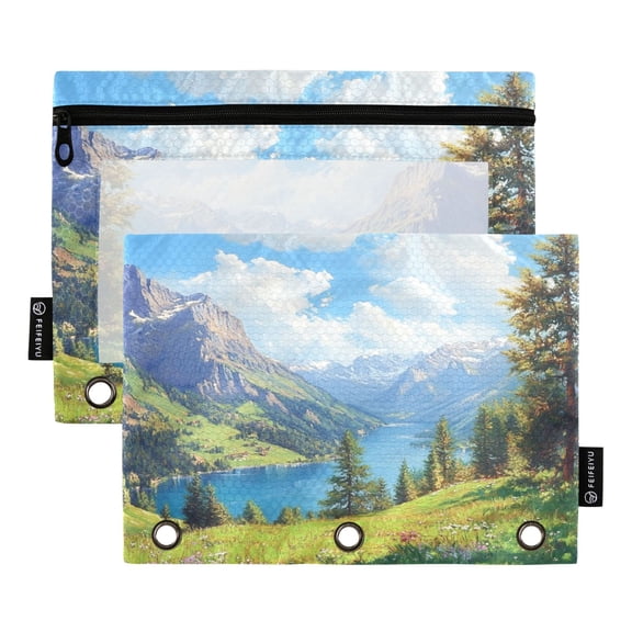 2 Pack Pencil Bag 9.84x6.1 Inch 3-Ring Page Turning Folder Zipper Pencil Case Pencil Bag Page Turning File Bag Spring River