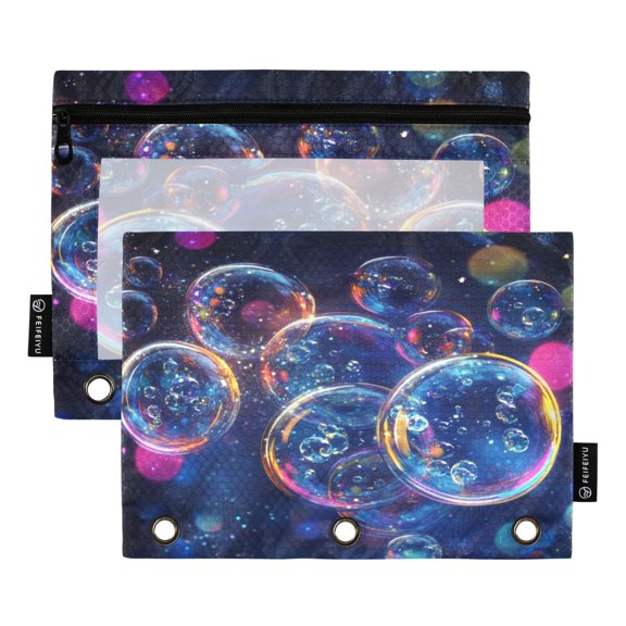 2 Pack Pencil Bag 9.84x6.1 Inch 3-Ring Page Turning Folder Zipper Pencil Case Pencil Bag Page Turning File Bag Super Beautiful Bubbles