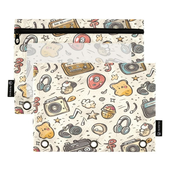 2 Pack Pencil Bag 9.84x6.1 Inch 3-Ring Page Turning Folder Zipper Pencil Case Pencil Bag Page Turning File BagCartoon Speaker