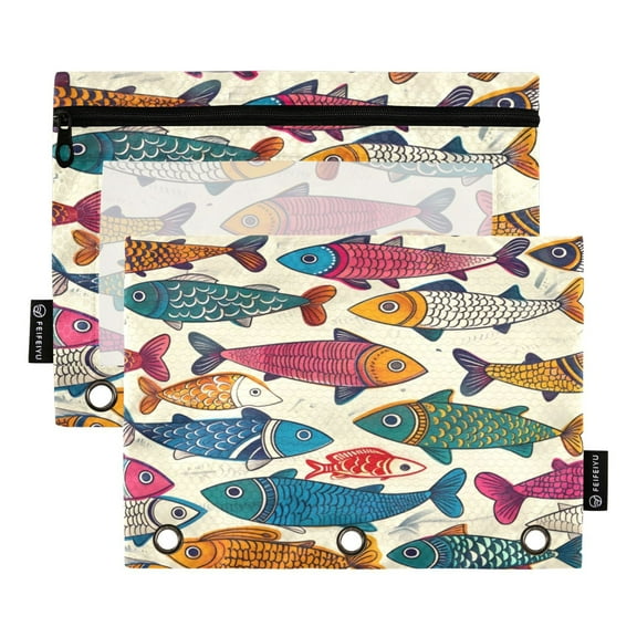 2 Pack Pencil Bag 9.84x6.1 Inch 3-Ring Page Turning Folder Zipper Pencil Case Pencil Bag Page Turning File BagColorful Fish