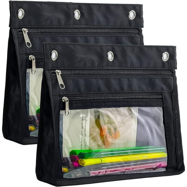 2 Pack Pencil Pouch Stationery Bag for 3 Ring Binder, Expandable Large Capacity Binder Pouches with Zipper, Pen Pencil Holder Case with Clear Window