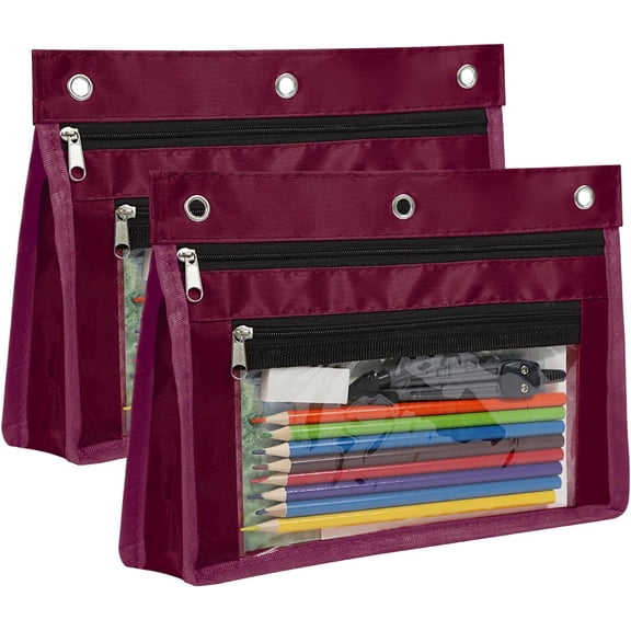 2 Pack Pencil Pouch Stationery Bag for 3 Ring Binder, Expandable Large Capacity Binder Pouches with Zipper, Pen Pencil Holder Case with Clear Window