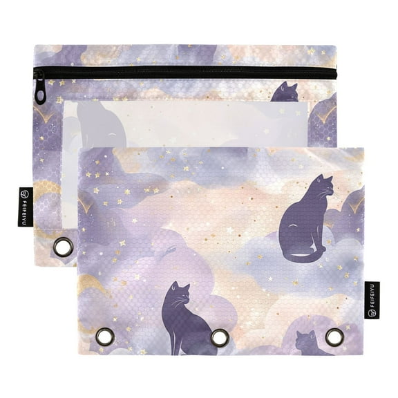 2 Pack Pencil Pouch for 3 Ring Binder Cat in Moon Pencil Case Clear Window Zipper Pencil Bag Organizers