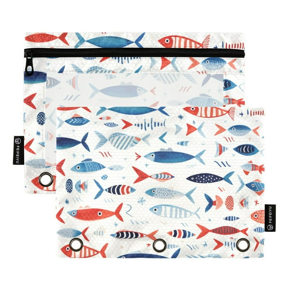 2 Pack Pencil Pouch for 3 Ring Binder Fishes Pencil Case Clear Window Zipper Pencil Bag Organizers