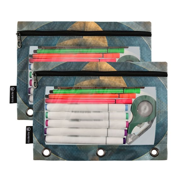 2 Pack Pencil Pouch for 3 Ring Binder Smooth Zipper Folders with Pockets Clear Window Pencil Case Abstract Clear Cerulean Geometric
