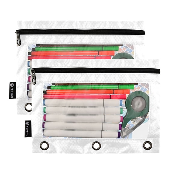 2 Pack Pencil Pouch for 3 Ring Binder Smooth Zipper Folders with Pockets Clear Window Pencil Case Abstract Glass Fish