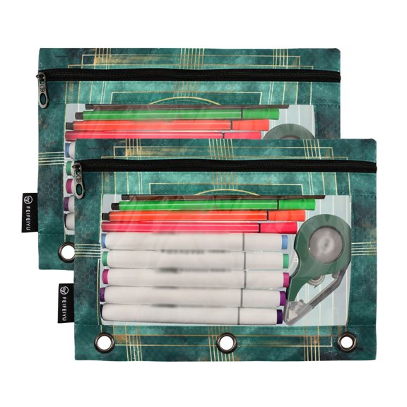 2 Pack Pencil Pouch for 3 Ring Binder Smooth Zipper Folders with Pockets Clear Window Pencil Case Abstract Teal Geometric