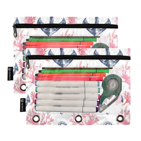 2 Pack Pencil Pouch for 3 Ring Binder Smooth Zipper Folders with Pockets Clear Window Pencil Case Anchor and Coral