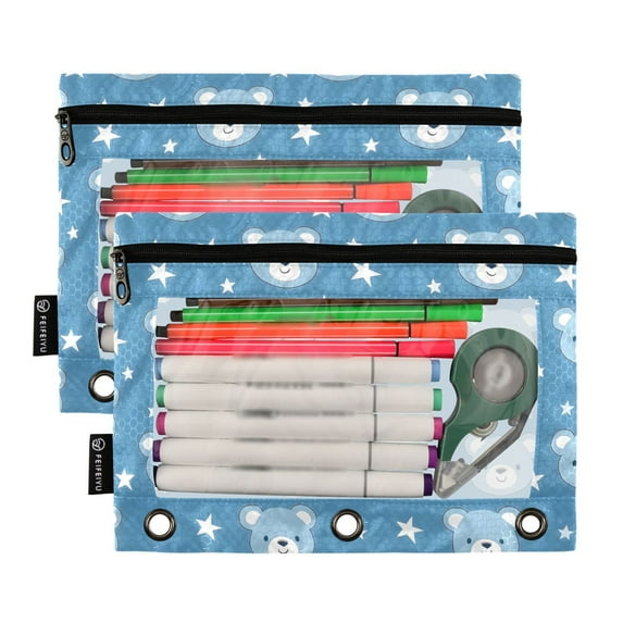 2 Pack Pencil Pouch for 3 Ring Binder Smooth Zipper Folders with Pockets Clear Window Pencil Case Baby Bear Face and Star
