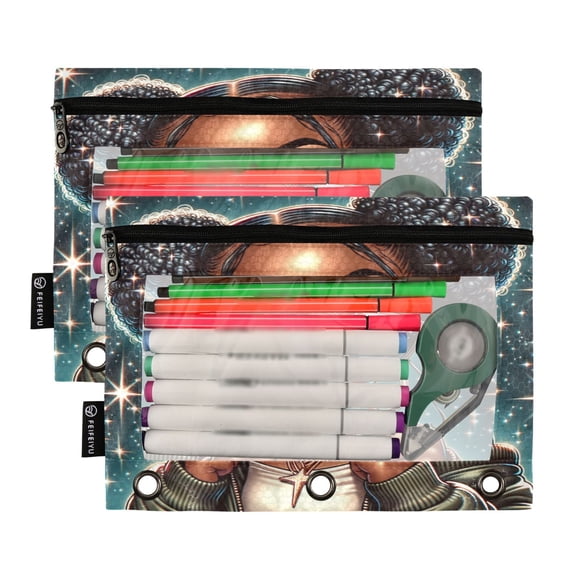 2 Pack Pencil Pouch for 3 Ring Binder Smooth Zipper Folders with Pockets Clear Window Pencil Case Beautiful Black Woman Wearing Sunglasses