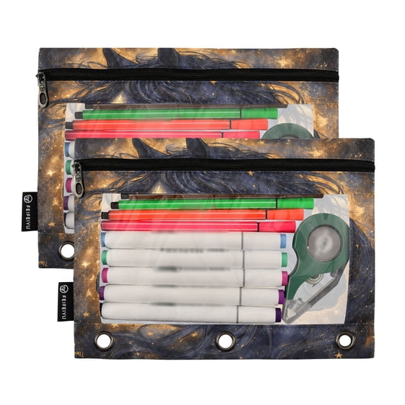 2 Pack Pencil Pouch for 3 Ring Binder Smooth Zipper Folders with Pockets Clear Window Pencil Case Black Horse with Stars