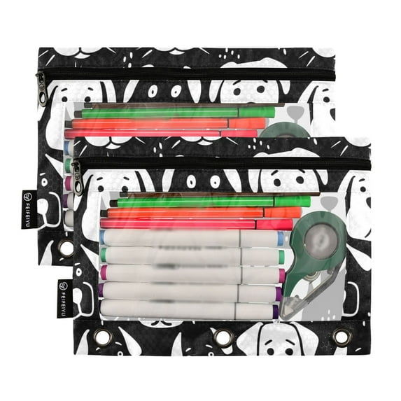 2 Pack Pencil Pouch for 3 Ring Binder Smooth Zipper Folders with Pockets Clear Window Pencil Case Black White Dog Face