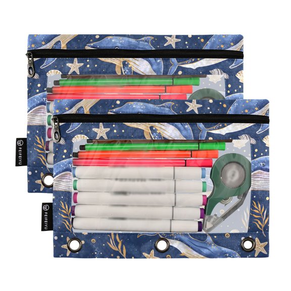2 Pack Pencil Pouch for 3 Ring Binder Smooth Zipper Folders with Pockets Clear Window Pencil Case Blue Whales Star Seaweed