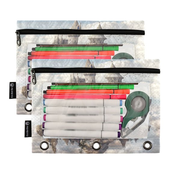 2 Pack Pencil Pouch for 3 Ring Binder Smooth Zipper Folders with Pockets Clear Window Pencil Case Castles Float in Air