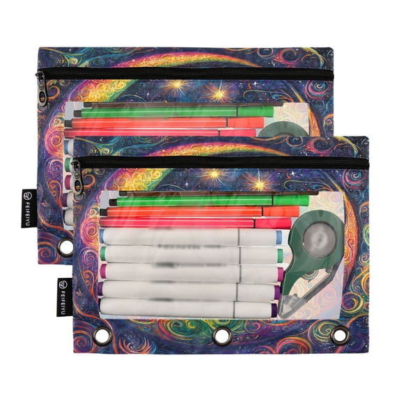 2 Pack Pencil Pouch for 3 Ring Binder Smooth Zipper Folders with Pockets Clear Window Pencil Case Cat Laying on Moon
