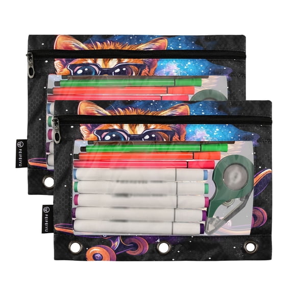 2 Pack Pencil Pouch for 3 Ring Binder Smooth Zipper Folders with Pockets Clear Window Pencil Case Cat with Glasses Skateboard