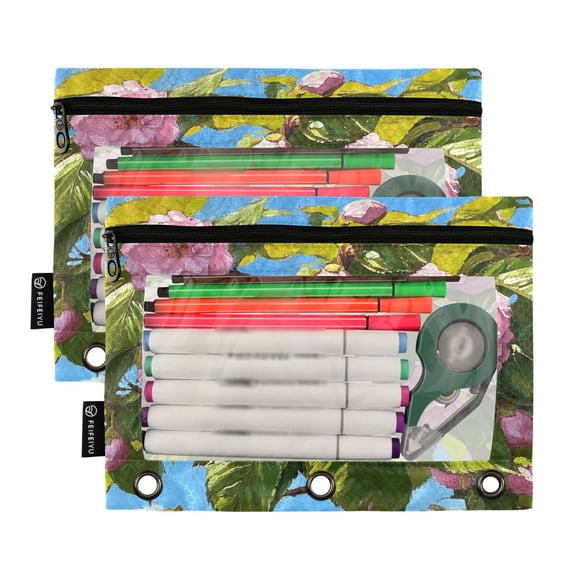 2 Pack Pencil Pouch for 3 Ring Binder Smooth Zipper Folders with Pockets Clear Window Pencil Case Cherry Blossoms on Branches