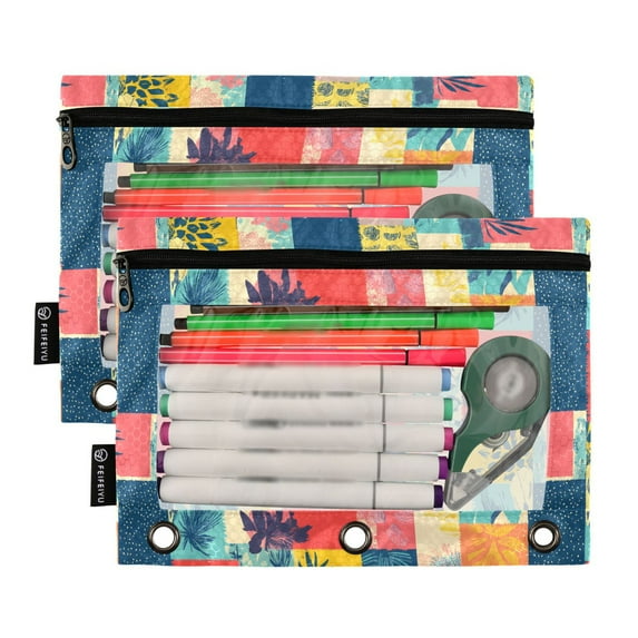 2 Pack Pencil Pouch for 3 Ring Binder Smooth Zipper Folders with Pockets Clear Window Pencil Case Colorful Block Doodle