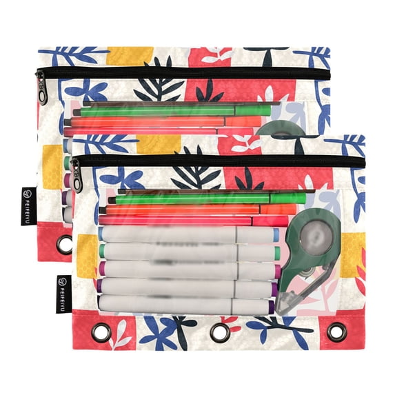 2 Pack Pencil Pouch for 3 Ring Binder Smooth Zipper Folders with Pockets Clear Window Pencil Case Colorful Plants and Squares