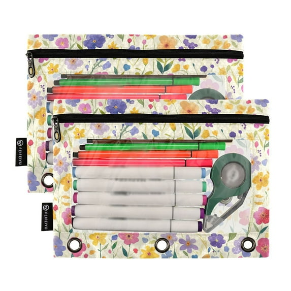 2 Pack Pencil Pouch for 3 Ring Binder Smooth Zipper Folders with Pockets Clear Window Pencil Case Colorful Watercolor Floral