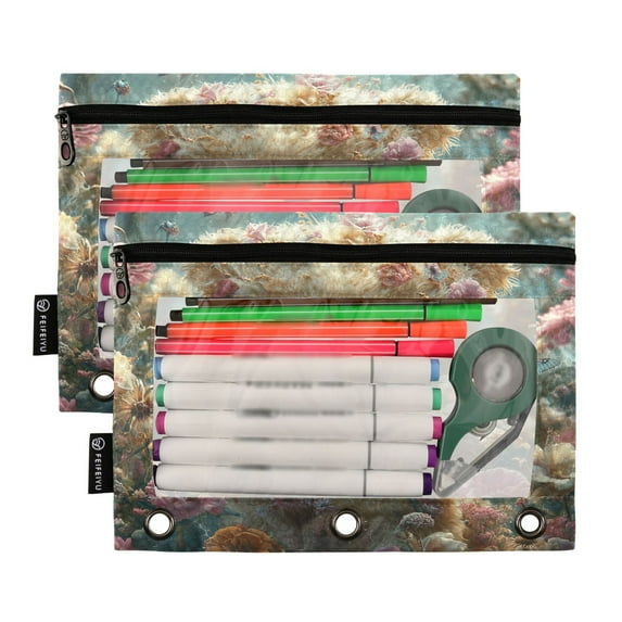 2 Pack Pencil Pouch for 3 Ring Binder Smooth Zipper Folders with Pockets Clear Window Pencil Case Cute Bear Eat Ice Cream