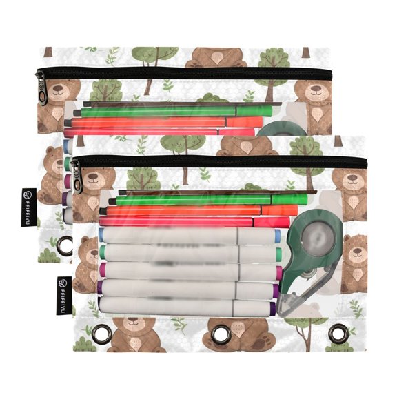 2 Pack Pencil Pouch for 3 Ring Binder Smooth Zipper Folders with Pockets Clear Window Pencil Case Cute Bear with Tree