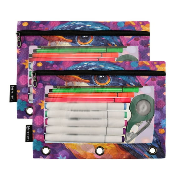 2 Pack Pencil Pouch for 3 Ring Binder Smooth Zipper Folders with Pockets Clear Window Pencil Case Cute Colorful Bbird