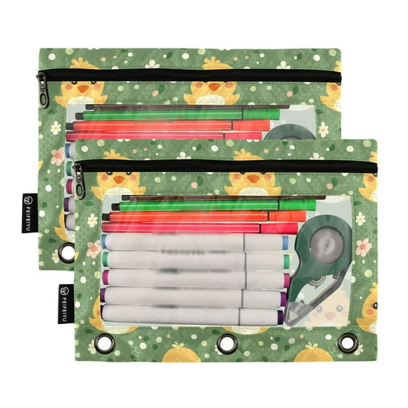 2 Pack Pencil Pouch for 3 Ring Binder Smooth Zipper Folders with Pockets Clear Window Pencil Case Cute Ducks and Flower