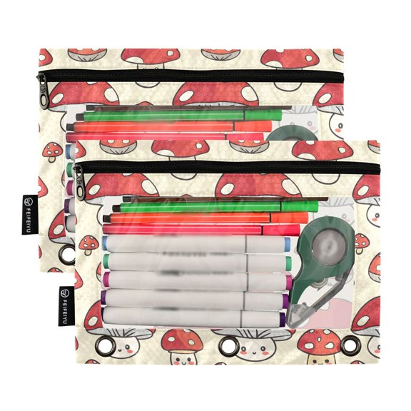 2 Pack Pencil Pouch for 3 Ring Binder Smooth Zipper Folders with Pockets Clear Window Pencil Case Cute Lovely Mushrooms
