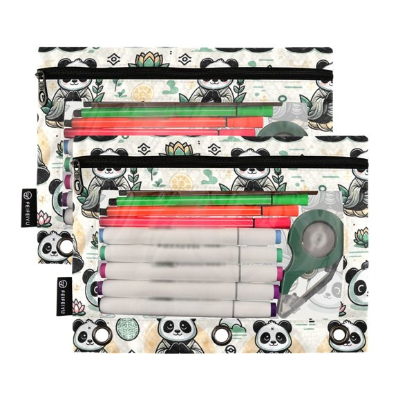 2 Pack Pencil Pouch for 3 Ring Binder Smooth Zipper Folders with Pockets Clear Window Pencil Case Cute Panda with Lotus Flower