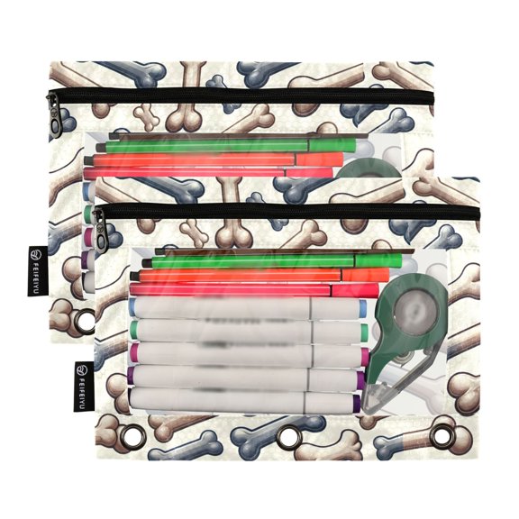 2 Pack Pencil Pouch for 3 Ring Binder Smooth Zipper Folders with Pockets Clear Window Pencil Case Dog Bone